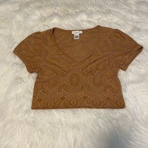 Caramel Colored Eyelet Short Sleeve Crop Top